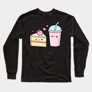 Kawaii Food Art with Strawberry Cake and Milkshake | Cute Design for Kawaii Lovers Long Sleeve T-Shirt